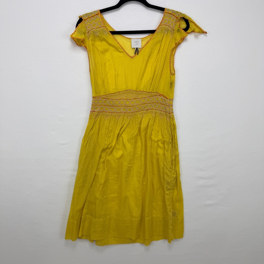 HD in Paris Embroidered Fit & Flare Dress Women 4 Yellow Boho Cottagecore Summer